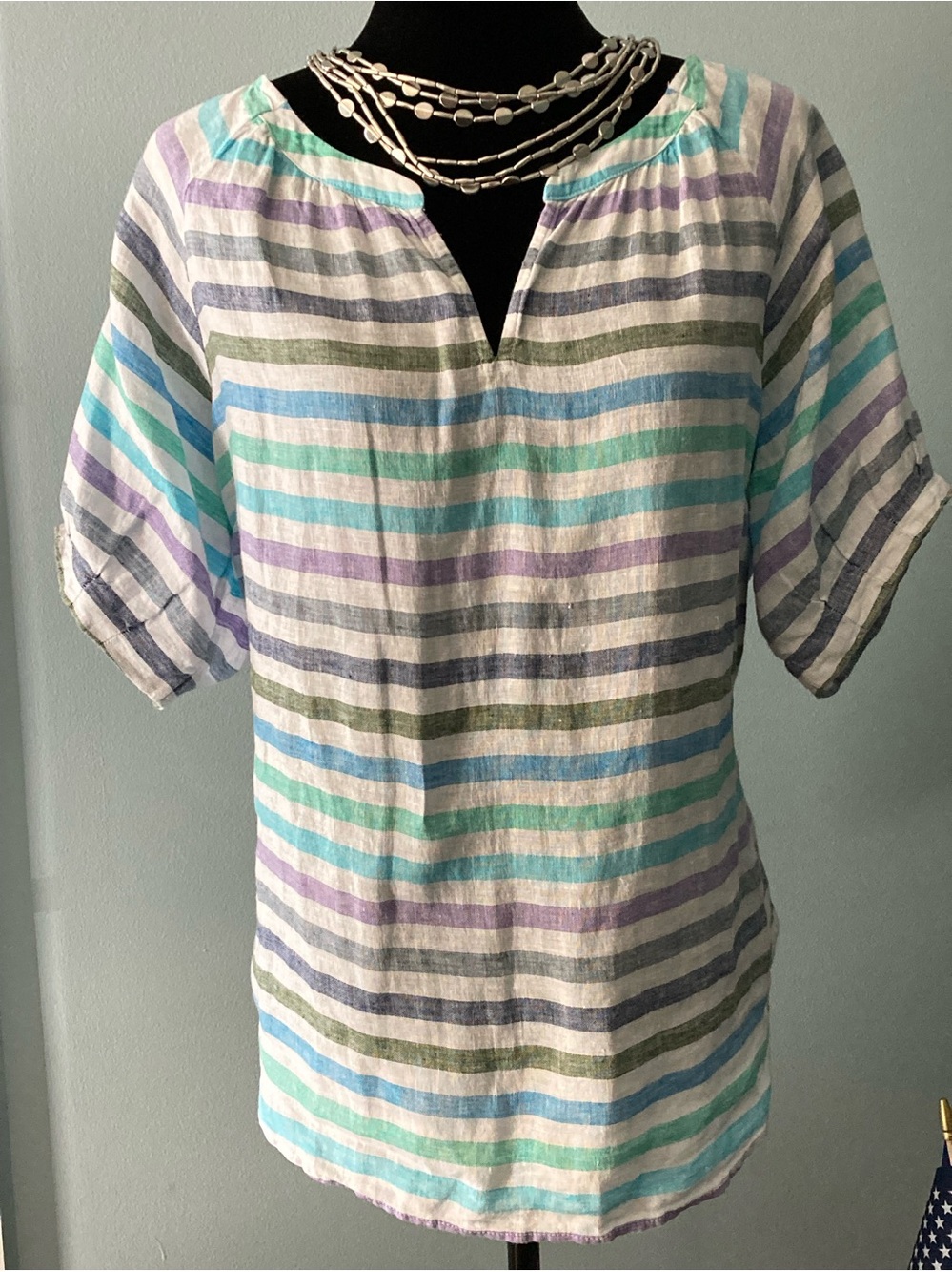 Talbots Linen Striped Top Summer Popover Top Balloon Sleeves Rockport